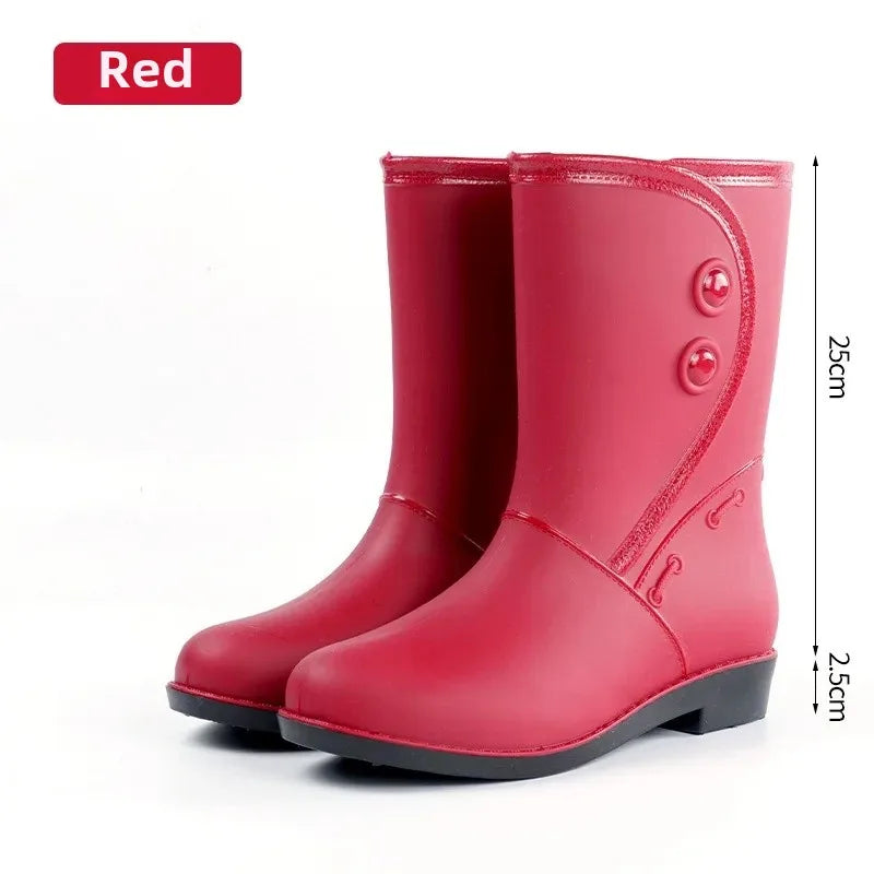 Outdoor Fashion Mid Tube Low Heel Women's Rain Boots Four Seasons Waterproof Car Wash Non-slip Kitchen Work Boots