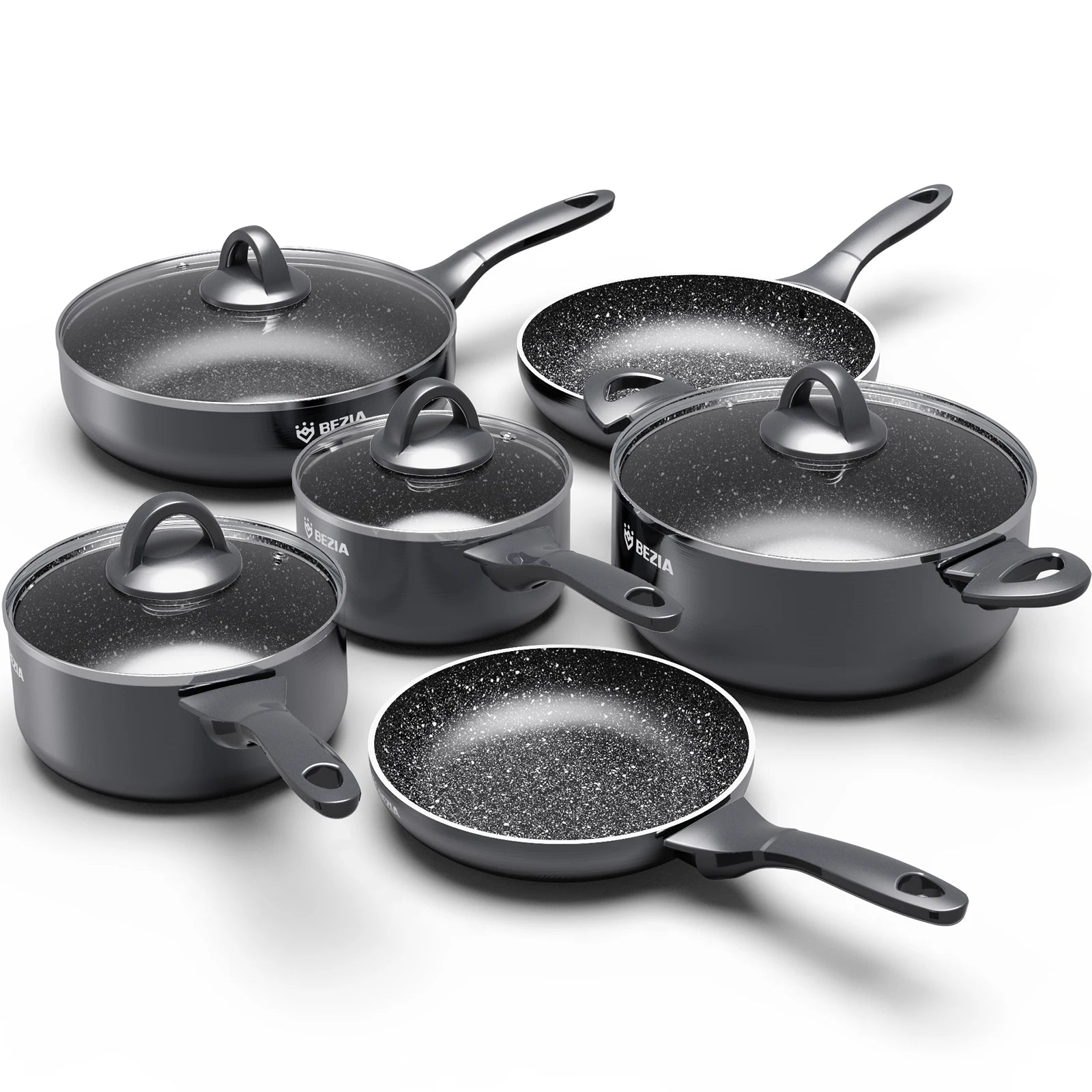 Induction Cookware Pots and Pans Set 10 Piece, BEZIA Dishwasher Safe Nonstick Cooking Pans, Stay-Cool Bakelite Handle - Jess Deals