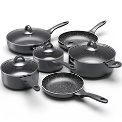 Induction Cookware Pots and Pans Set 10 Piece, BEZIA Dishwasher Safe Nonstick Cooking Pans, Stay-Cool Bakelite Handle - Jess Deals