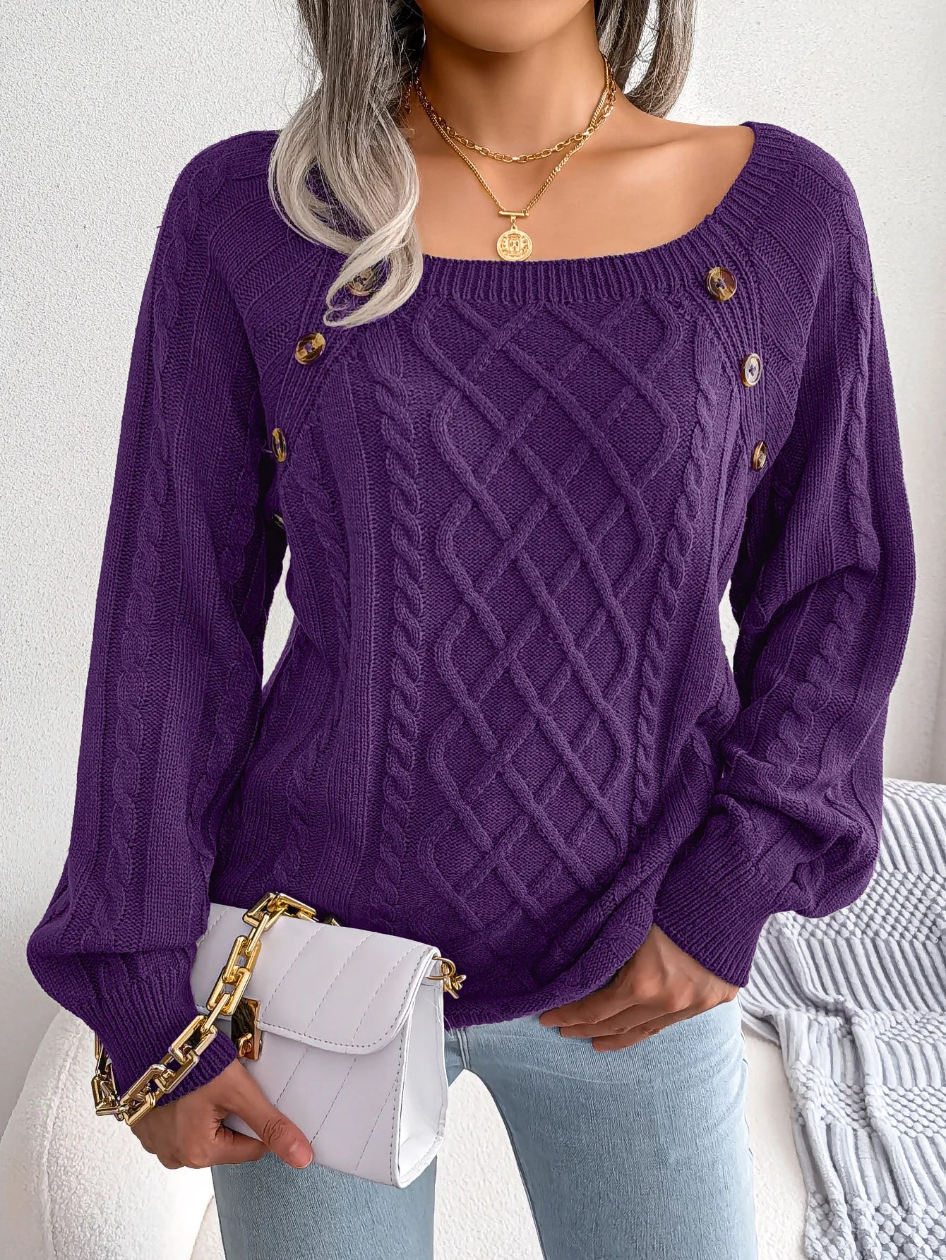 Women Casual Square Collar Buttons Long Sleeve Knitted Pullovers And Sweaters For Autumn Winter 2023