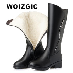WOIZGIC Women's Genuine Leather Female Ladies Boots Platform Snow Wool Plush Fur Warm Winter Mid Heel Zipper