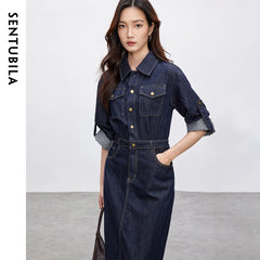 SENTUBILA Cotton Denim Dresses for Womens Spring 2025 A-line Vintage Turn Down Collar Button Pockets Long Dresses W51L58809