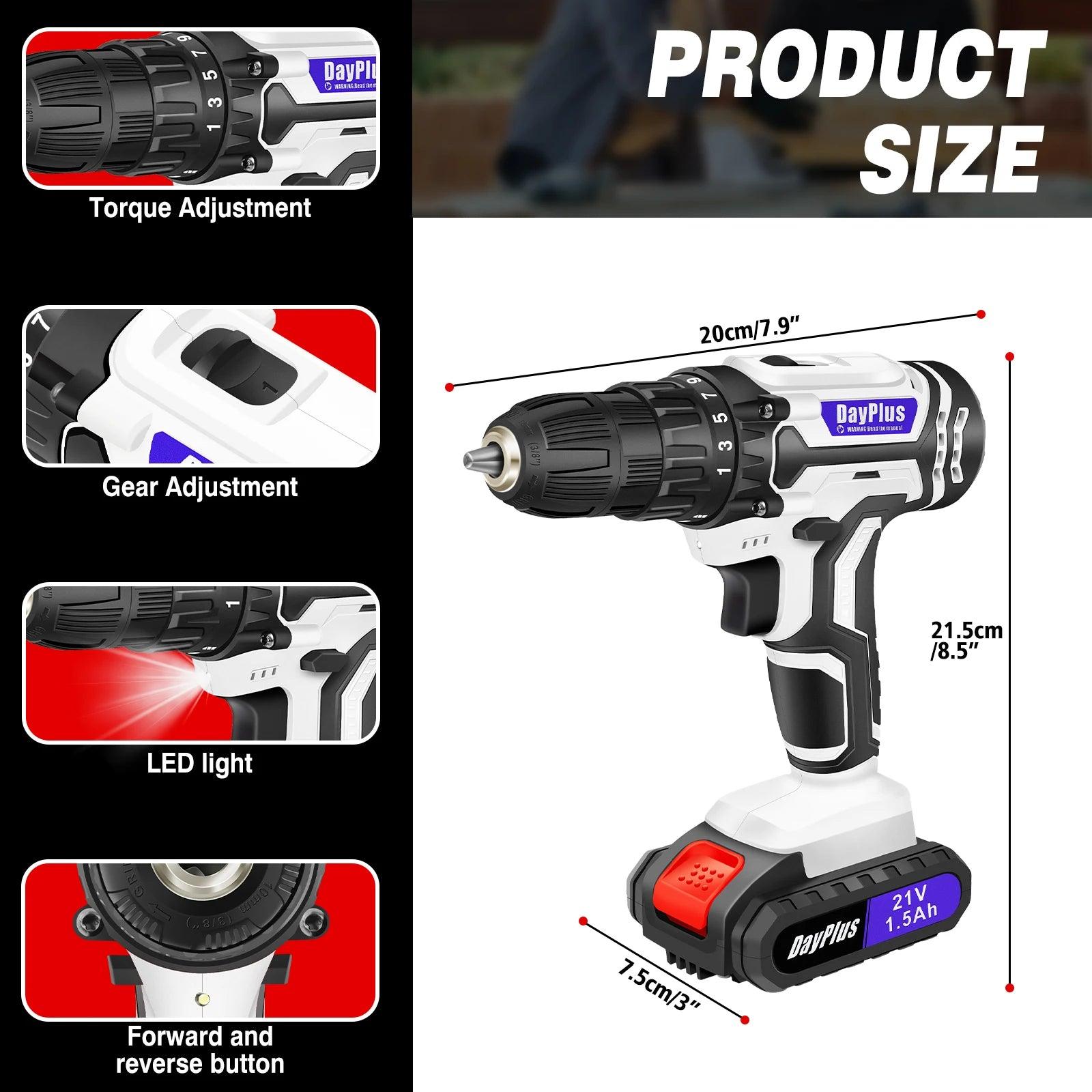 21V Portable Cordless Power Drill Set Impact Screw Driver with 1500mAh Li-Ion Rechargeable Battery 25+1 Torque Setting 45N.m - Jess Deals