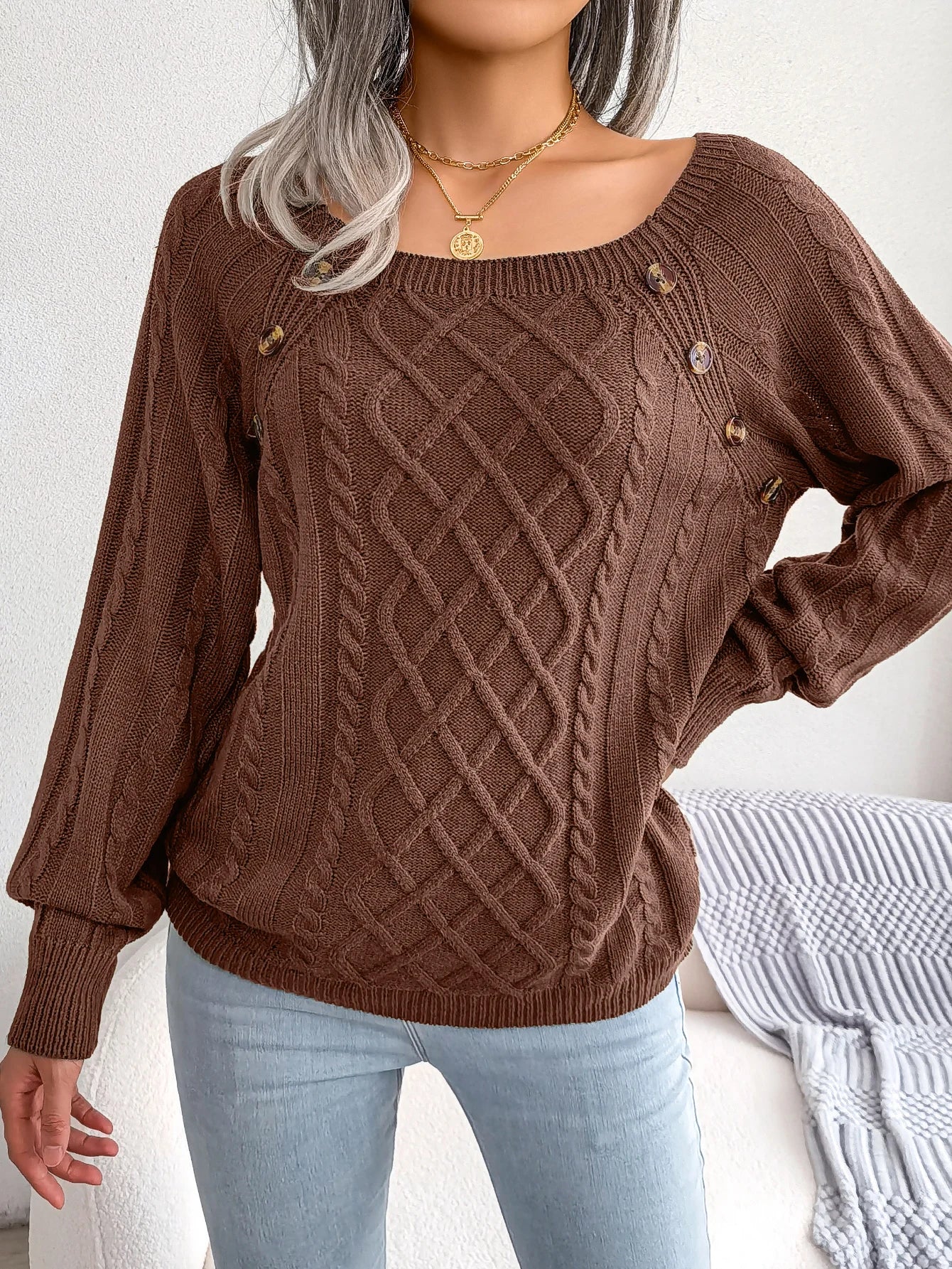 Women Casual Square Collar Buttons Long Sleeve Knitted Pullovers And Sweaters For Autumn Winter 2023