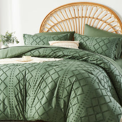Tufted Boho Comforter Set - Farmhouse Shabby Chic Embroidery Bed Set, Soft Jacquard Comforter, Queen, King