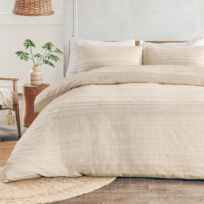 Duvet Cover Queen Size, Navy 3 Pieces Boho Tufted Duvet Cover Set, Soft and Lightweight Microfiber Comforter Cover Set