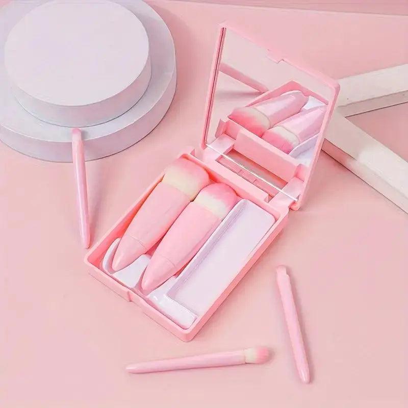 5pcs Travel Size Makeup Brushes Set Mini Makeup Brushes, Small Complete Function Cosmetic Brushes Kit With Case And Mirror Perfe - Jess Deals
