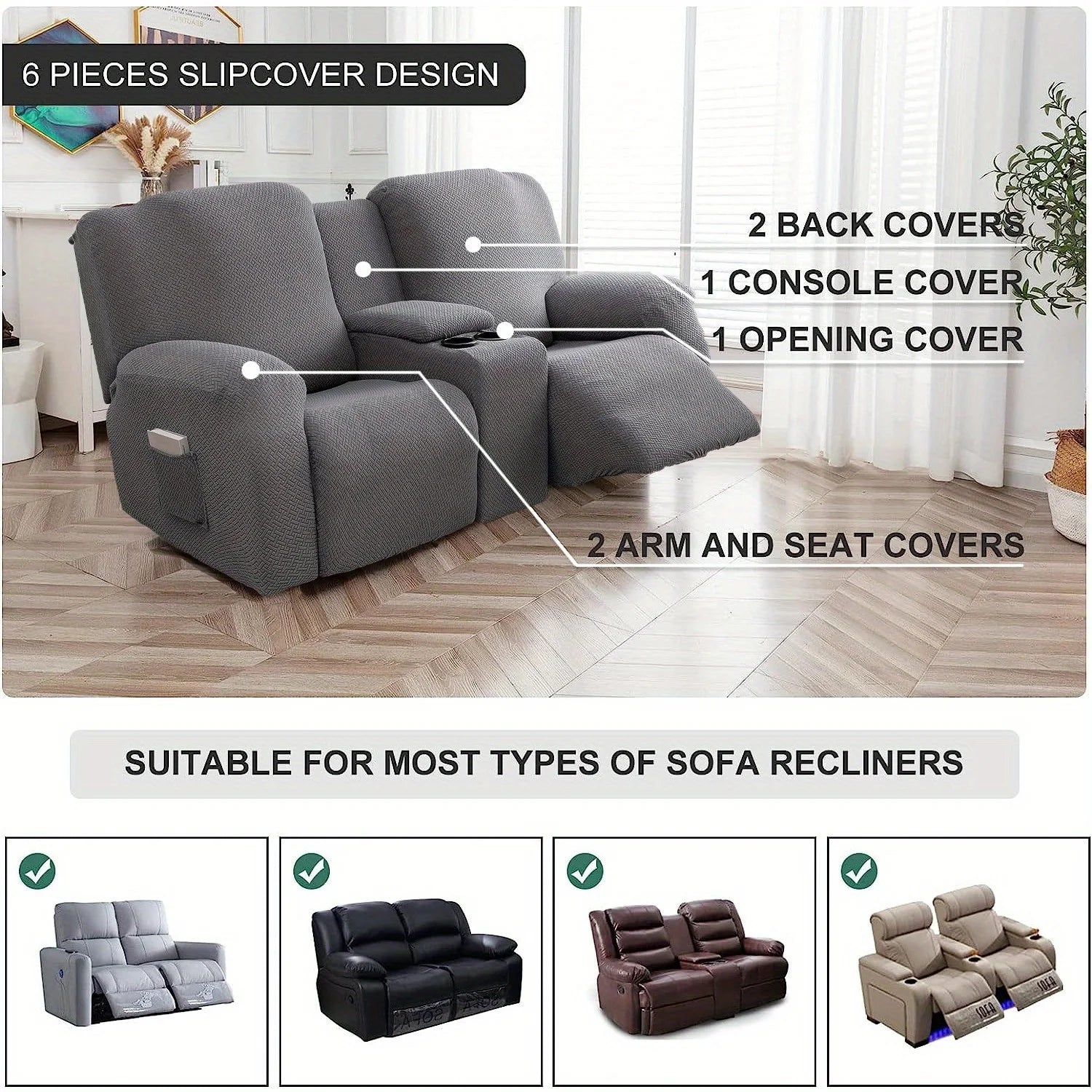 6Pcs/Set Water Resistant Leaf Texture Jacquard Stretch Recliner Loveseat Center Console Sofa Cover Spandex 2 Seater Sofa Cover