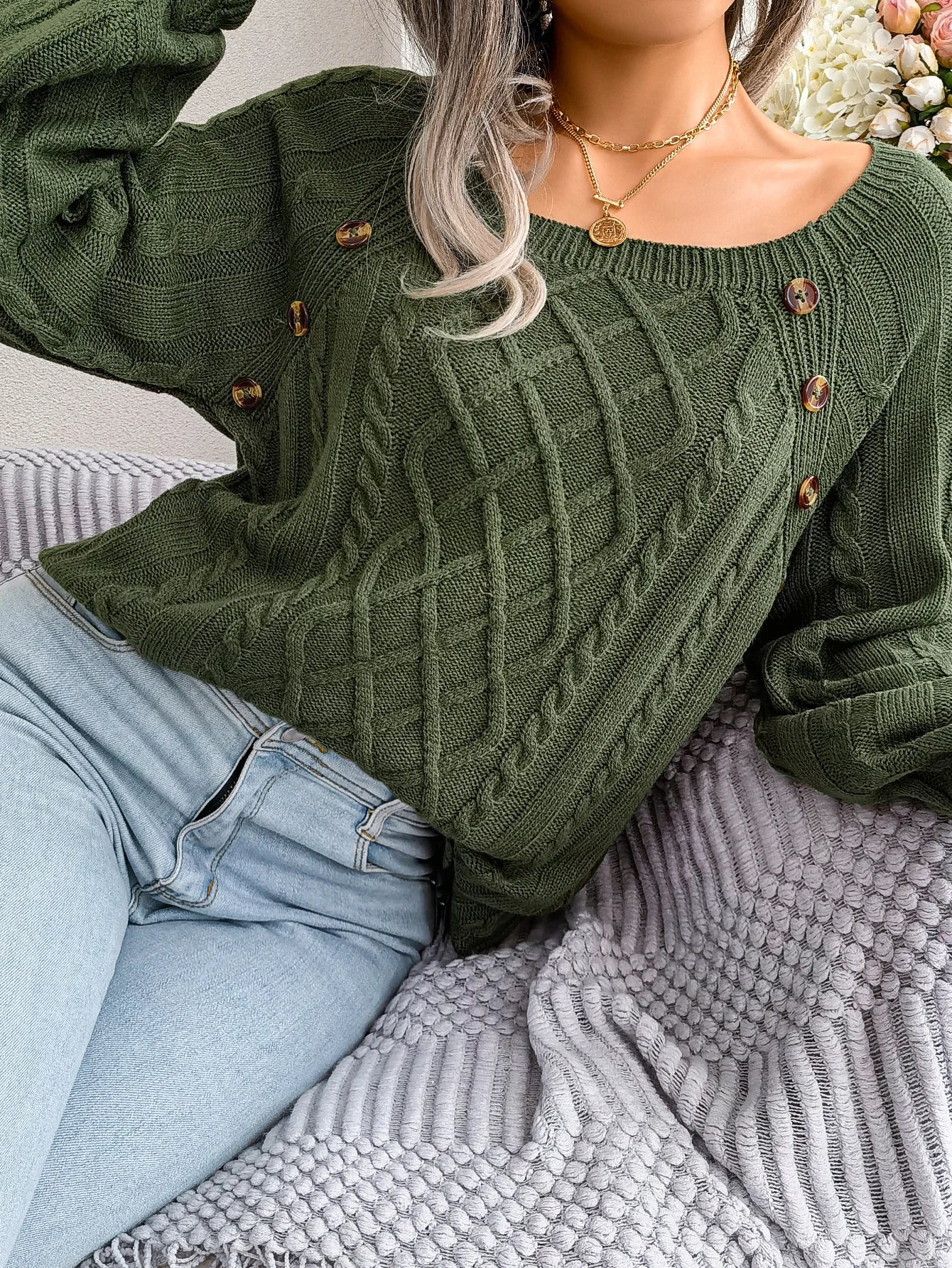 Women Casual Square Collar Buttons Long Sleeve Knitted Pullovers And Sweaters For Autumn Winter 2023