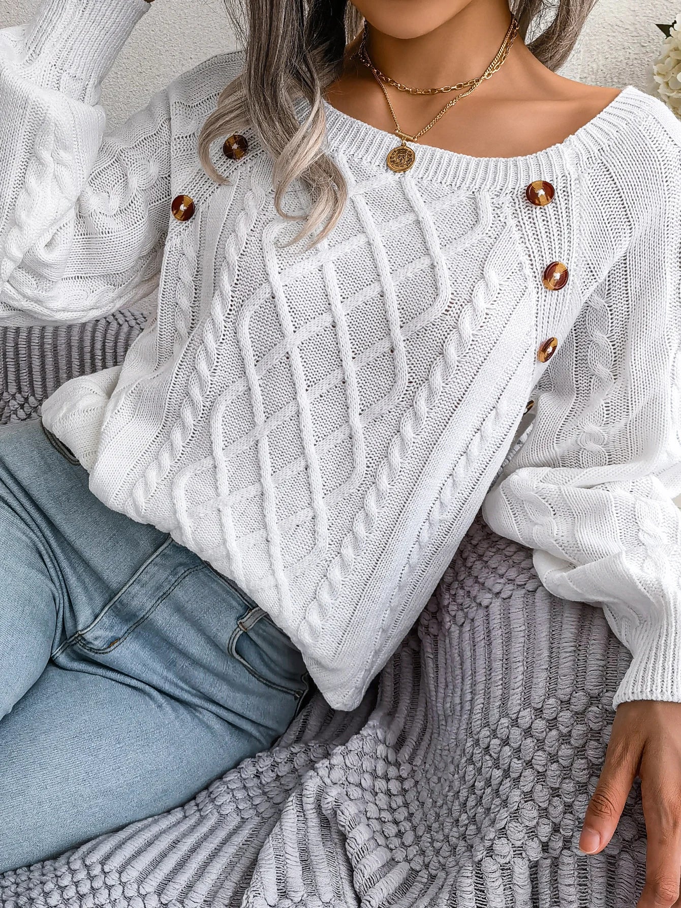 Women Casual Square Collar Buttons Long Sleeve Knitted Pullovers And Sweaters For Autumn Winter 2023