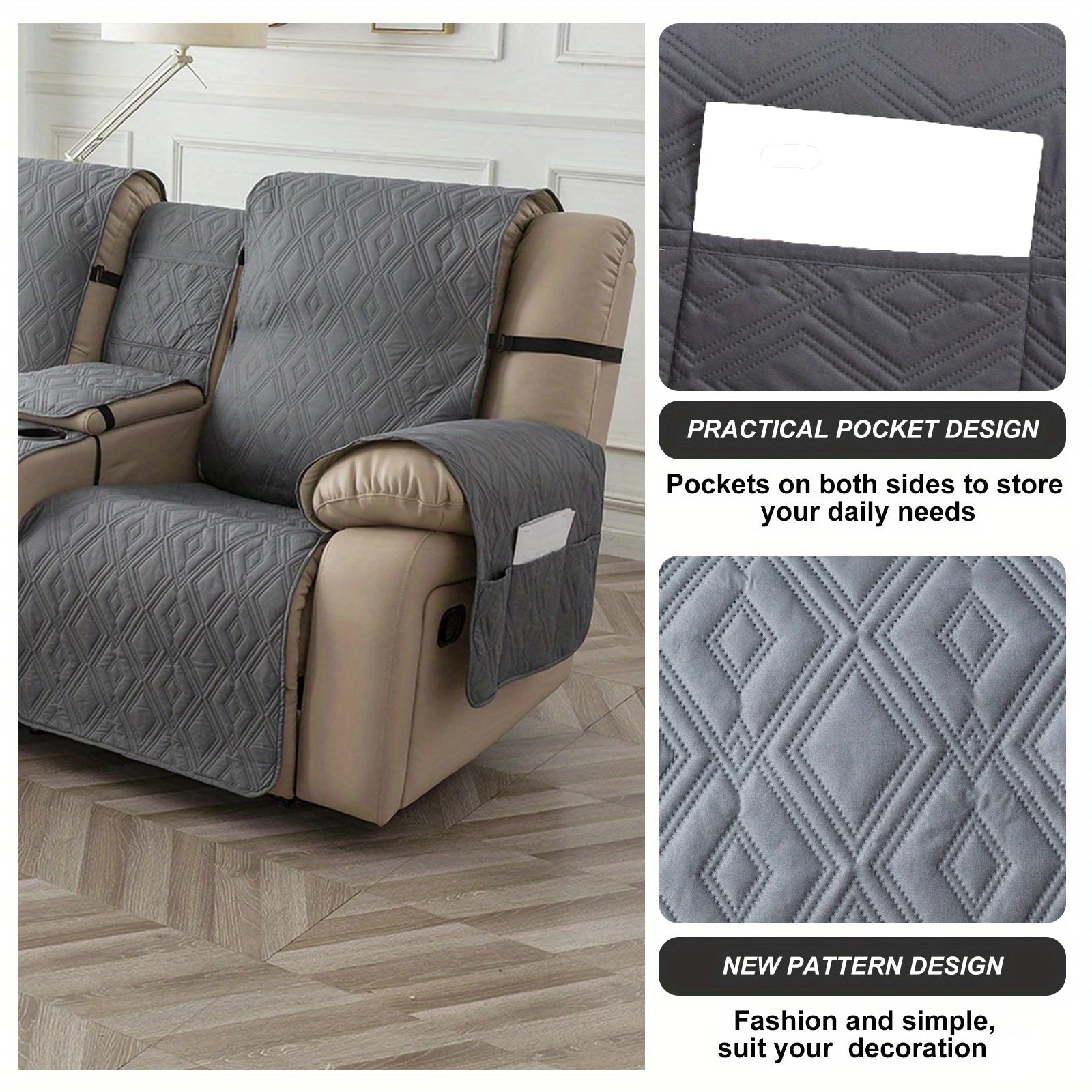 Waterproof Diamond Grid Pattern Recliner Loveseat Center Console Sofa Cushion Cover Non Slip Removable Couch Slipcover