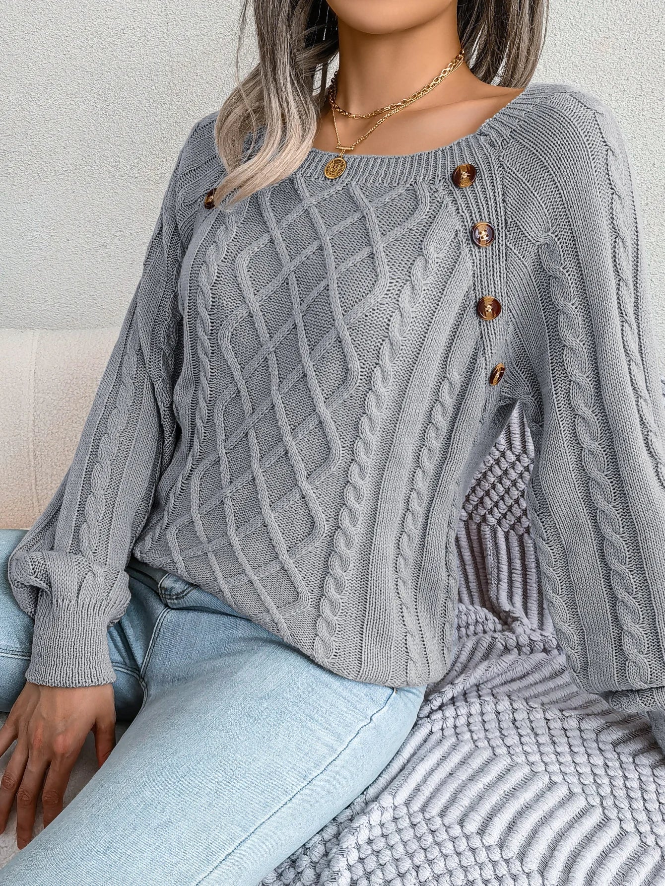 Women Casual Square Collar Buttons Long Sleeve Knitted Pullovers And Sweaters For Autumn Winter 2023