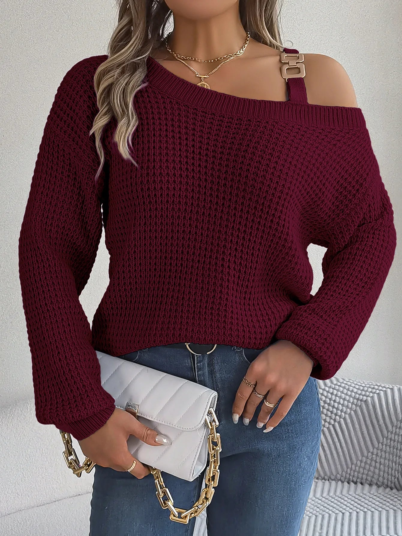 Autumn Winter Sexy Metal Buckle Off Shoulder Sweater Solid Color Slash Neck Lantern Long Sleeves Knitted Pullovers Women Clothes
