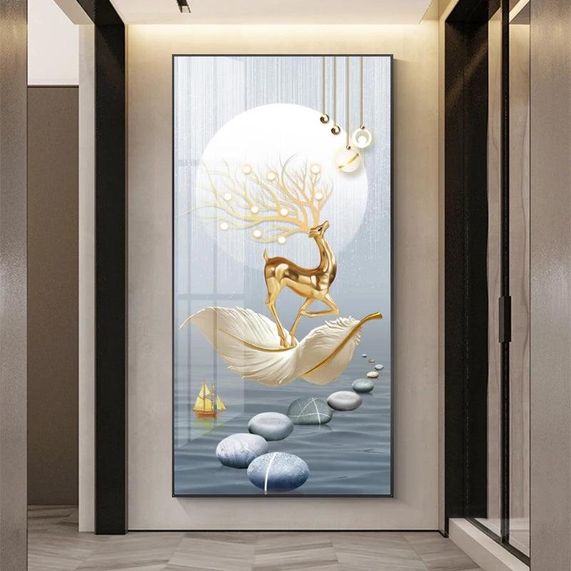 Abstract Luxury Geometry Feather Leaf Light Canvas Painting Deer Decorative Wall Art Golden Living Room - Jess Deals