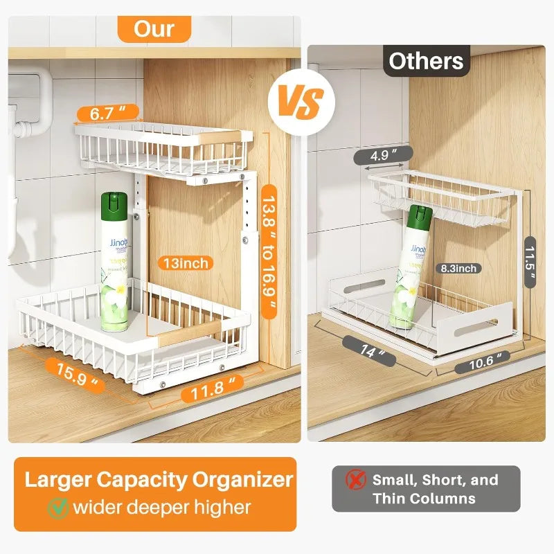 Upgrade Your Under Sink Storage: Thickened Metal 2 Pack Organizer with Adjustable Heights