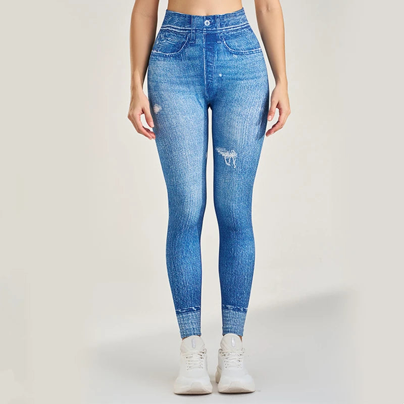 Women High Waist Sport Leggings Denim Pattern Yoga Pants Hip lifting Running Trousers Girls Elastic Quick Dry Gym Fitness Tights