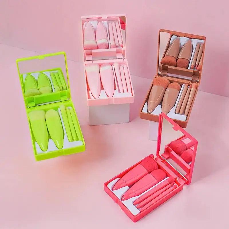 5pcs Travel Size Makeup Brushes Set Mini Makeup Brushes, Small Complete Function Cosmetic Brushes Kit With Case And Mirror Perfe - Jess Deals