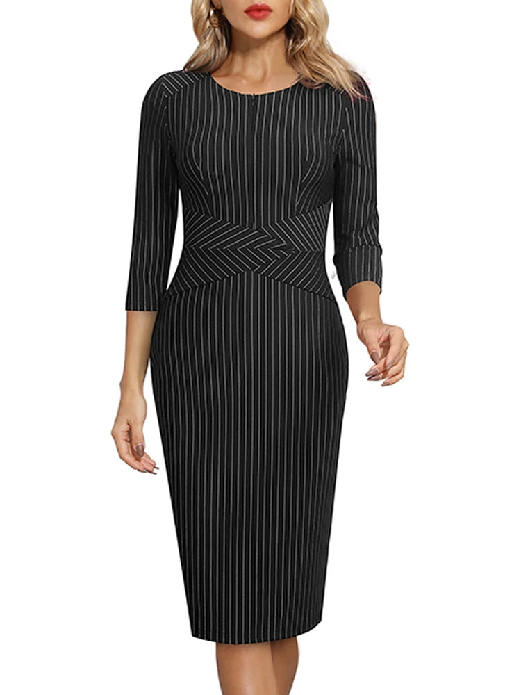 Nice-forever Autumn Women Vintage Stripes Pattern Dresses Business Office Elegant Bodycon Sheath Dress B965