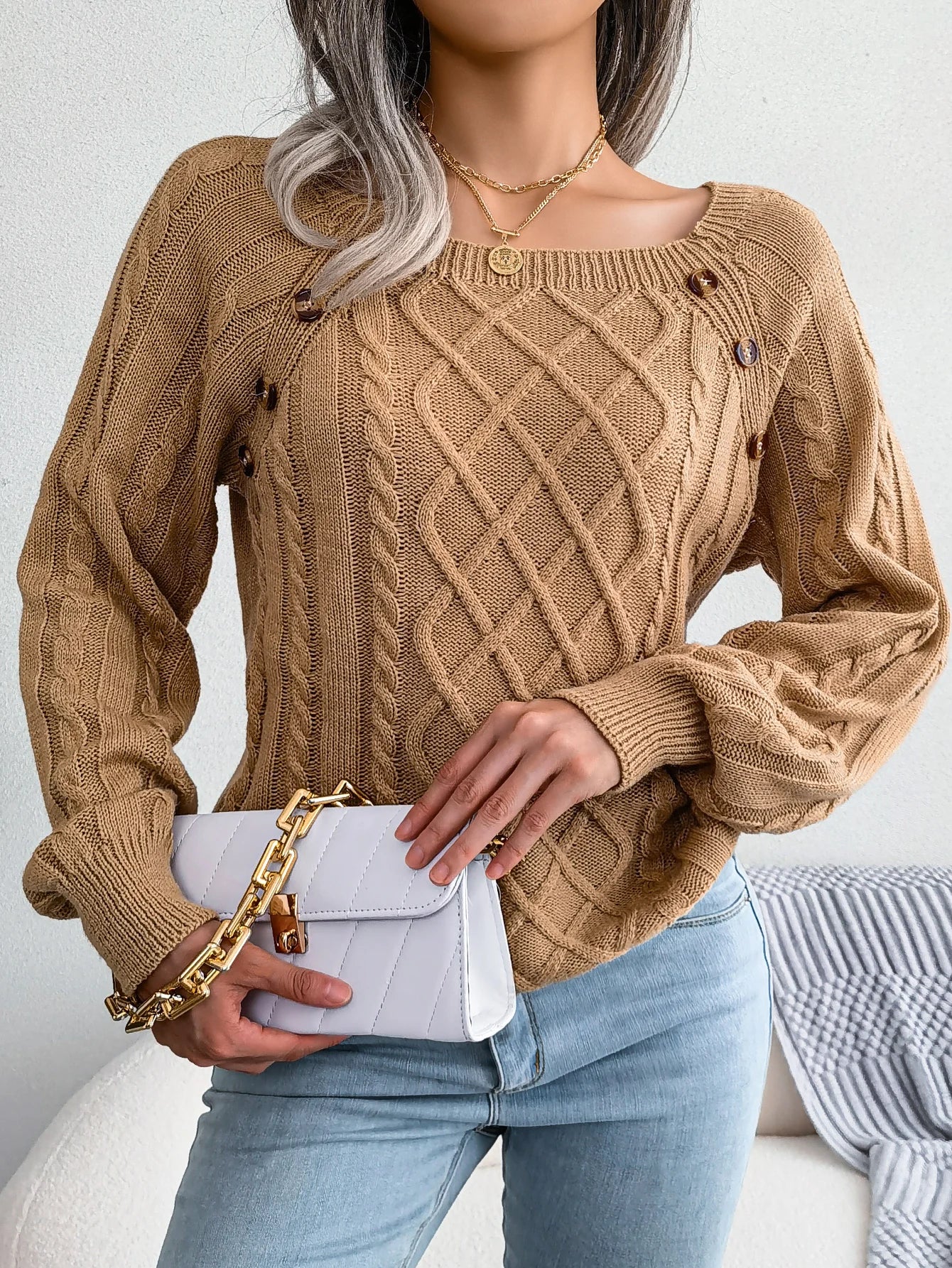 Women Casual Square Collar Buttons Long Sleeve Knitted Pullovers And Sweaters For Autumn Winter 2023