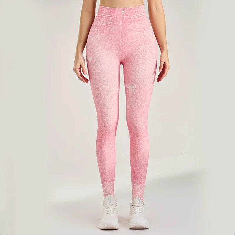 Women High Waist Sport Leggings Denim Pattern Yoga Pants Hip lifting Running Trousers Girls Elastic Quick Dry Gym Fitness Tights