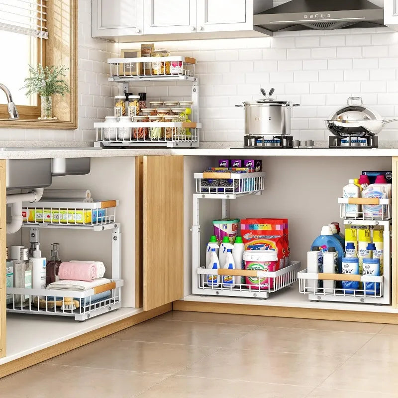 Upgrade Your Under Sink Storage: Thickened Metal 2 Pack Organizer with Adjustable Heights