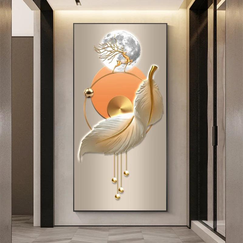 Abstract Luxury Geometry Feather Leaf Light Canvas Painting Deer Decorative Wall Art Golden Living Room - Jess Deals