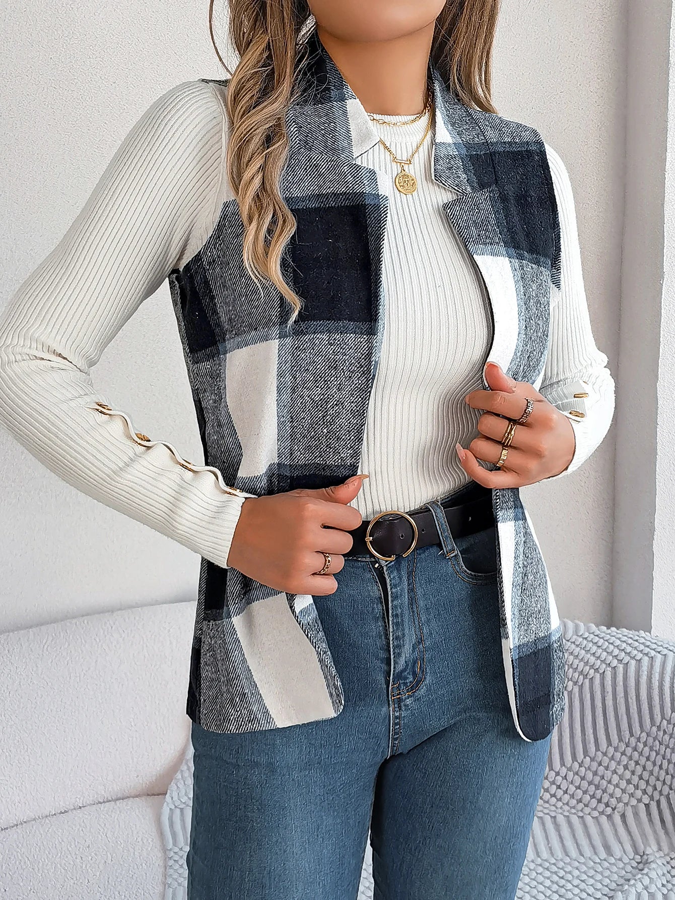 Autumn Winter Casual Plaid Sleeveless Woolen Jacket Vest Women Coats