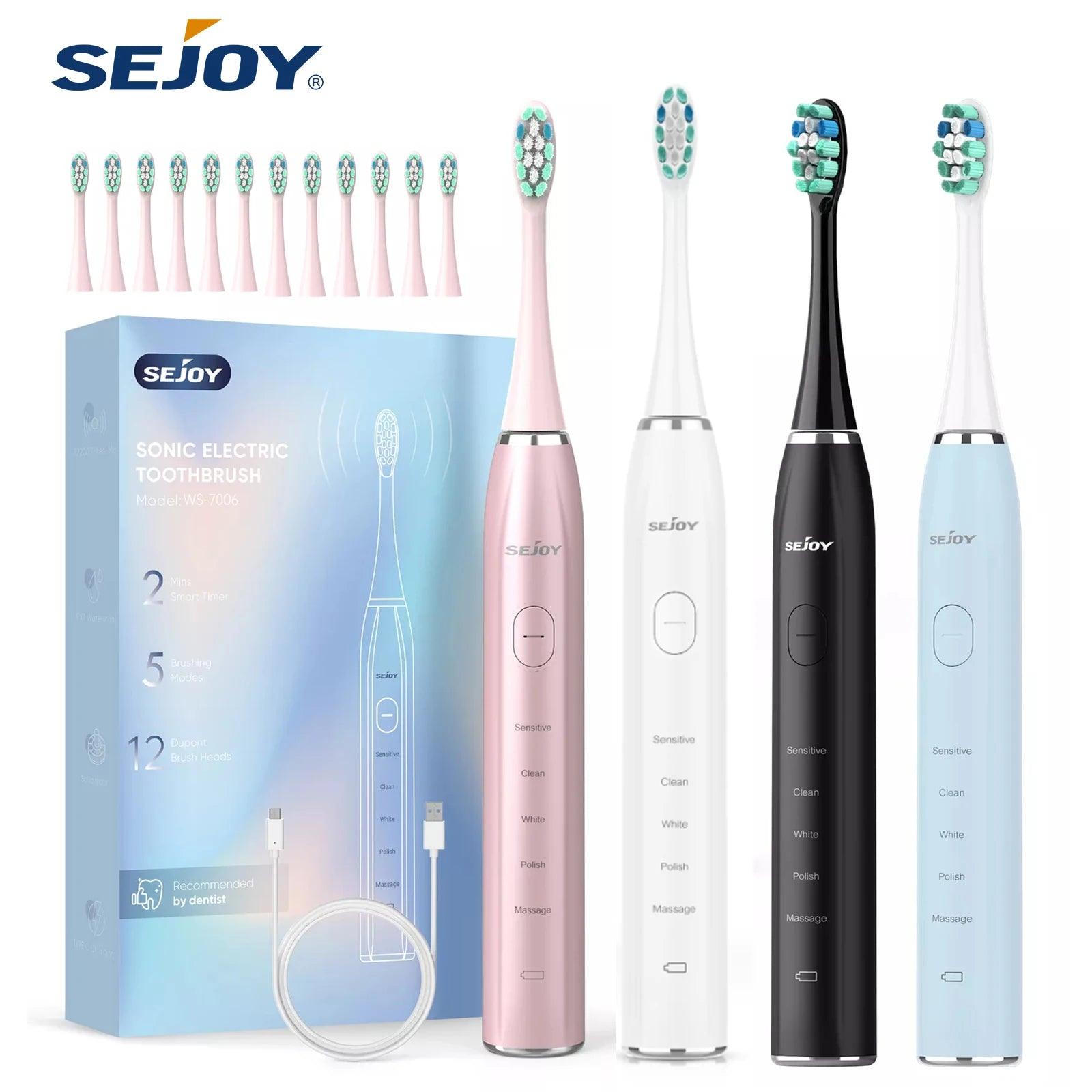 Sejoy Sonic Electric Toothbrush for Adults Rechargeable 5 Cleaning Modes Ultra Sonic Toothbrush with 12 Brush Heads Smart Timer - Jess Deals