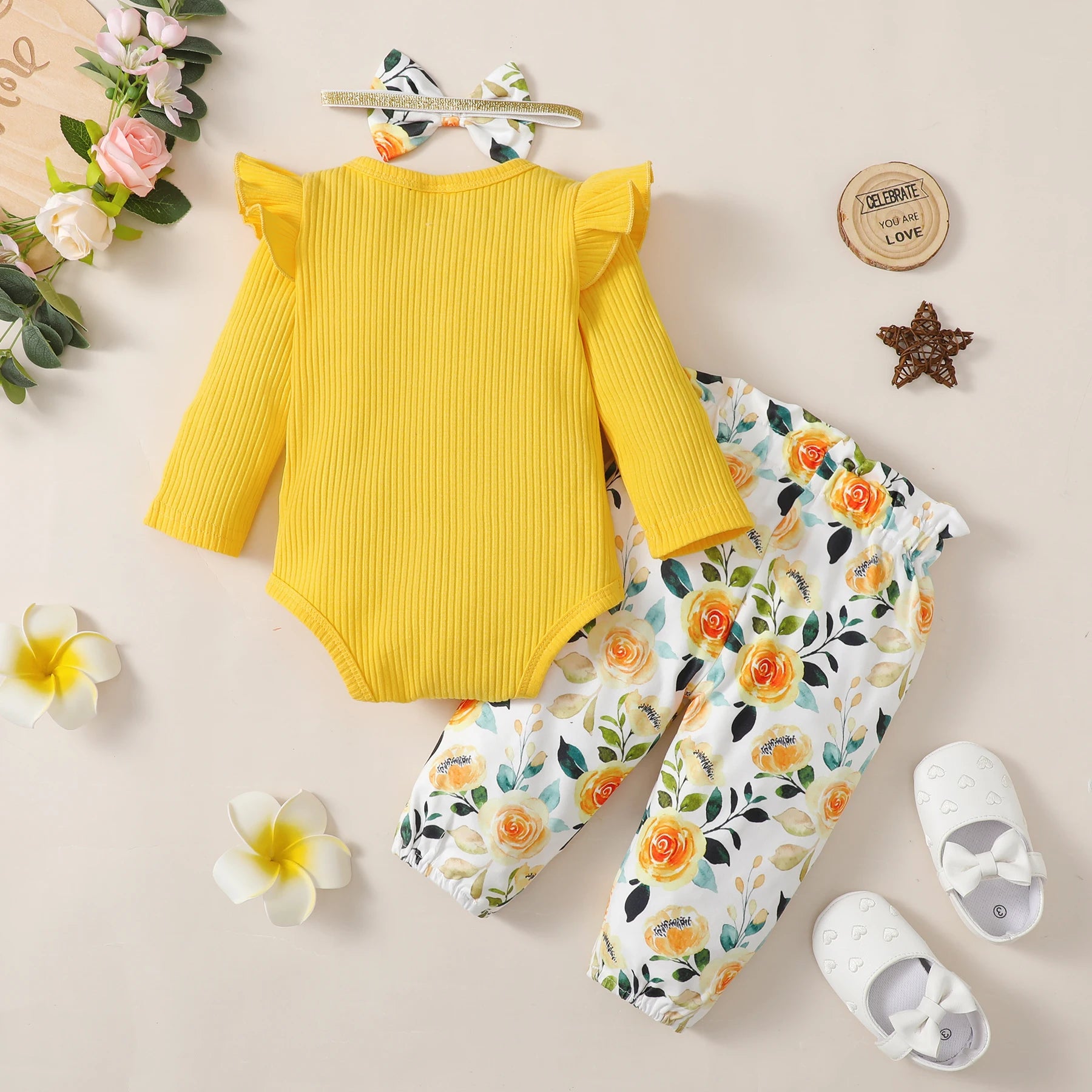 3PCS Baby Girl Clothes Set Long Sleeve Romper Top+Flowers Pant+Headband Spring&Autumn Lovely Outfit for Toddler Girl 0-18 Months - Jess Deals