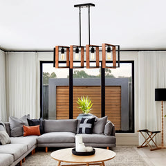 4-Light Kitchen Island Lights Pendant Light Farmhouse Dining Room Light Fixture, Rustic Wood and Black Metal Rectangular Chandel