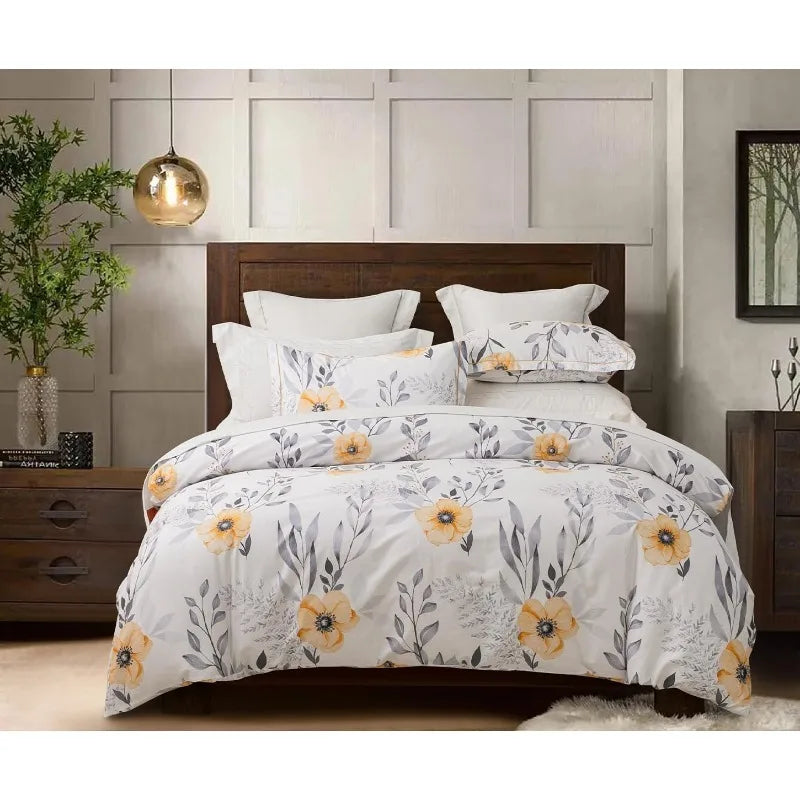 Duvet Cover Queen Size, 600 Thread Count Cotton Beige & Bluish Grey Printed with Luxurious Leaves Pattern Reversible Botanical