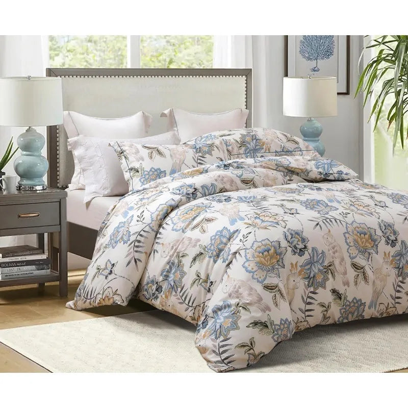 Duvet Cover Queen Size, 600 Thread Count Cotton Beige & Bluish Grey Printed with Luxurious Leaves Pattern Reversible Botanical