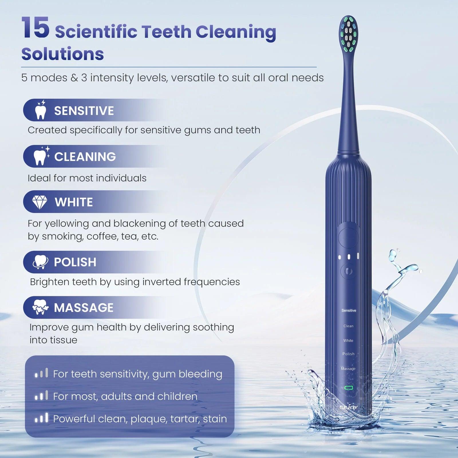 Sejoy Sonic Electric Toothbrush for Adults Rechargeable 5 Cleaning Modes Ultra Sonic Toothbrush with 12 Brush Heads Smart Timer - Jess Deals