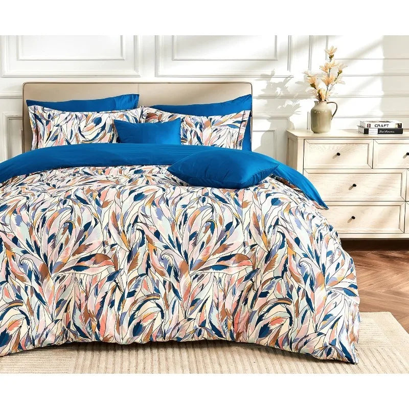 Duvet Cover Queen Size, 600 Thread Count Cotton Beige & Bluish Grey Printed with Luxurious Leaves Pattern Reversible Botanical