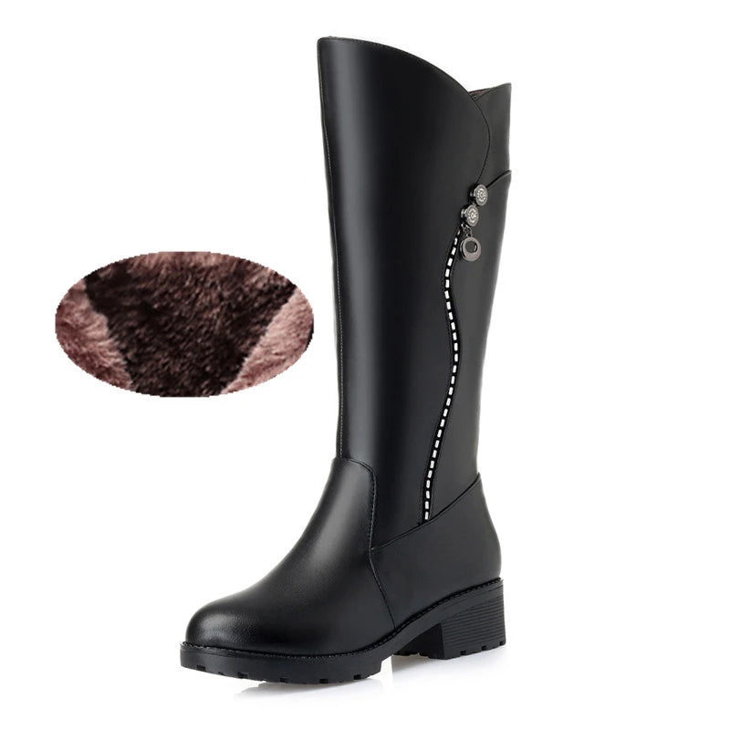 WOIZGIC Women's Genuine Leather Female Ladies Boots Platform Snow Wool Plush Fur Warm Winter Mid Heel Zipper