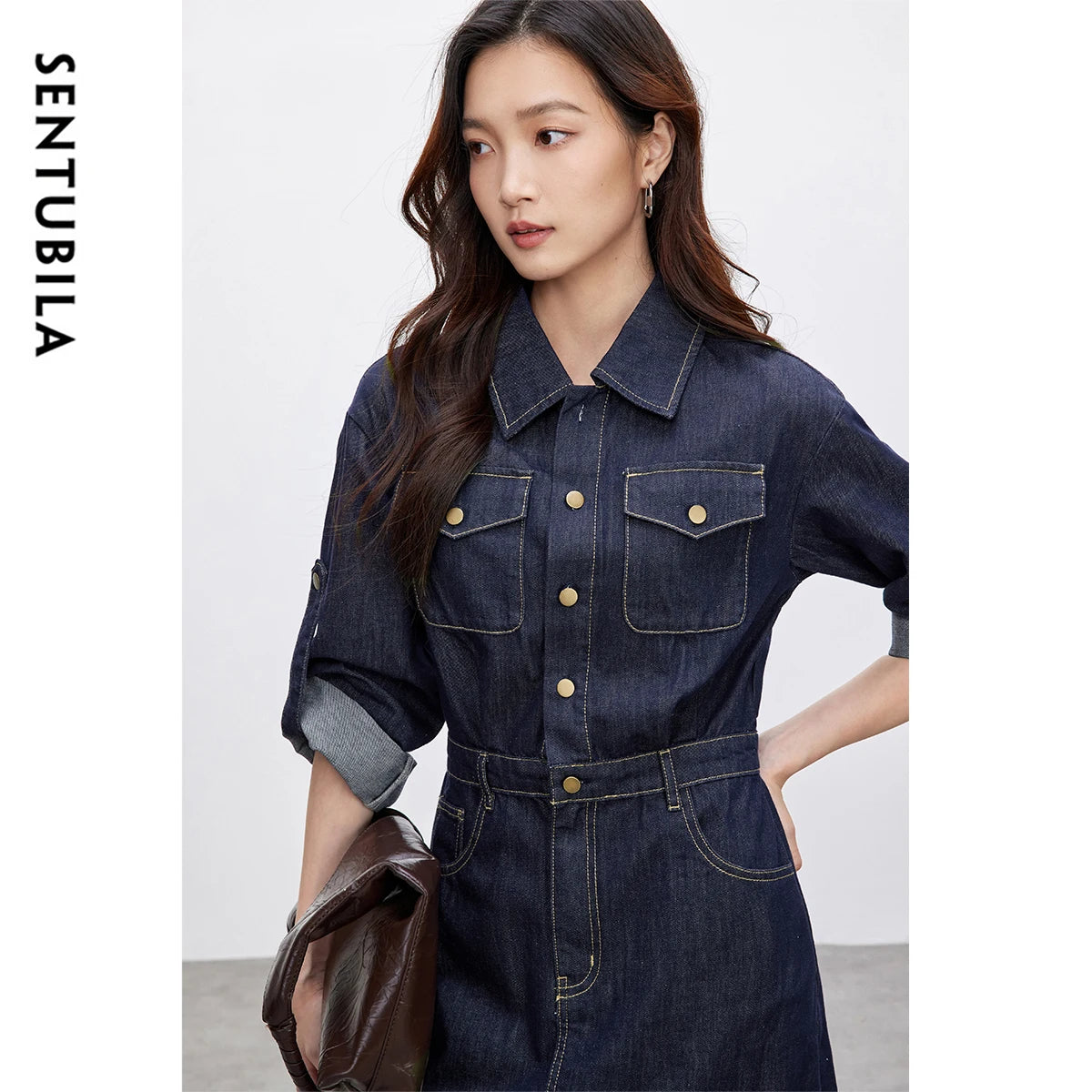 SENTUBILA Cotton Denim Dresses for Womens Spring 2025 A-line Vintage Turn Down Collar Button Pockets Long Dresses W51L58809