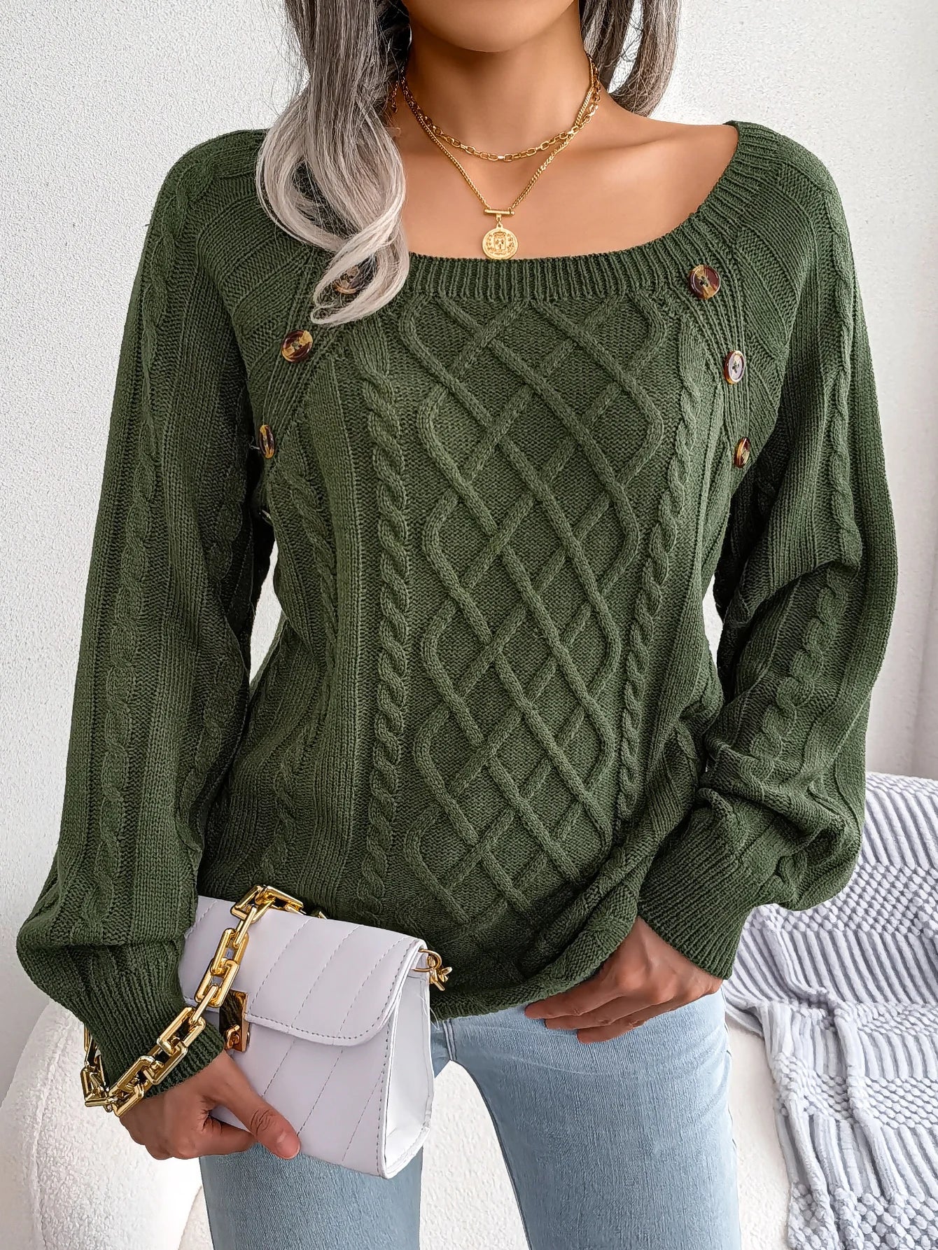 Women Casual Square Collar Buttons Long Sleeve Knitted Pullovers And Sweaters For Autumn Winter 2023