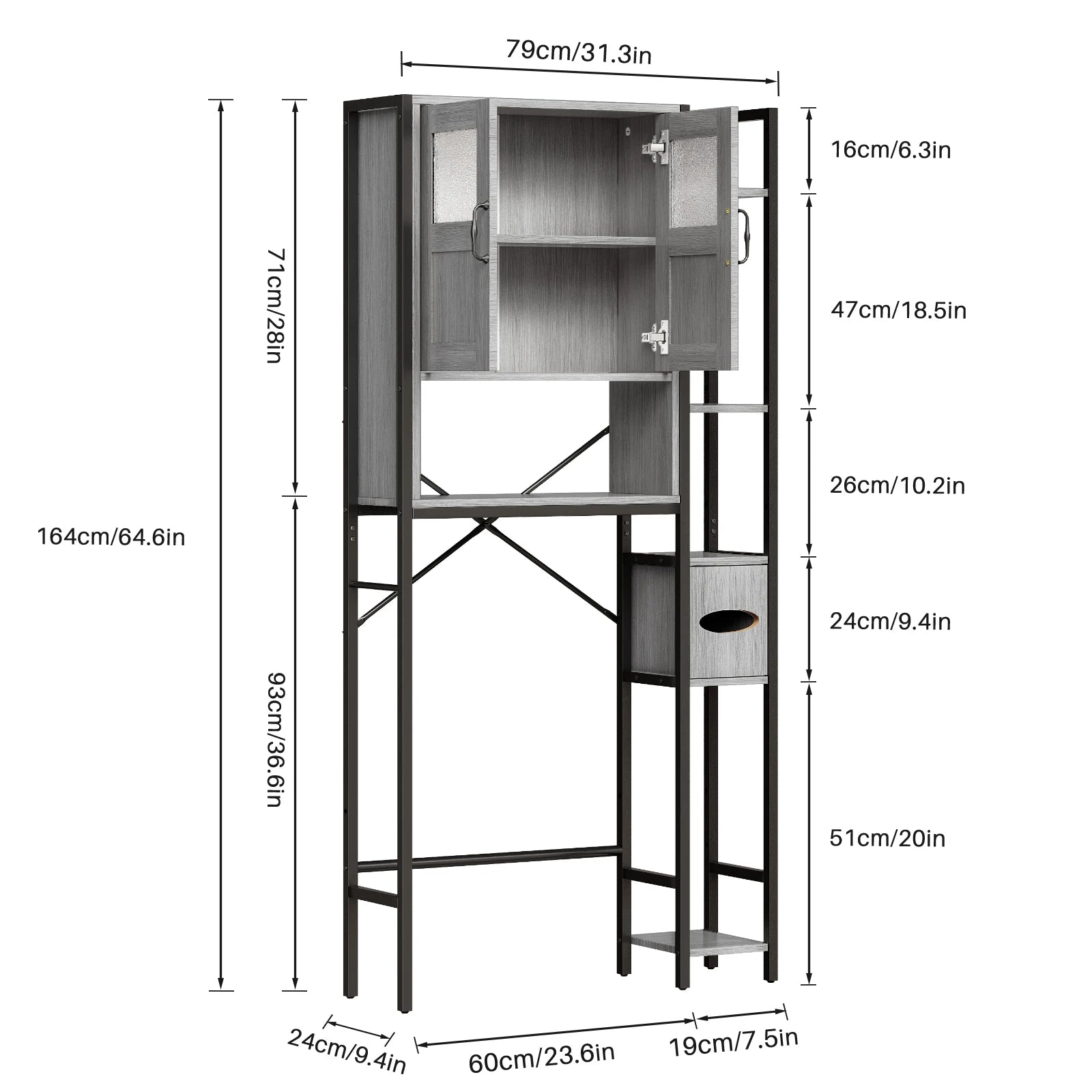 Over The Toilet Cabinet, Bathroom Storage Organizer 64.6 inch Tall Toilet Rack w/ Adjustable Open Shelves & Double Doors