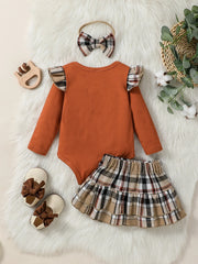 3PCS Newborn Baby Girls Autumn Solid Bodysuit +Plaid Skirt With Bow  Suit Infant Baby Preppy Style Set