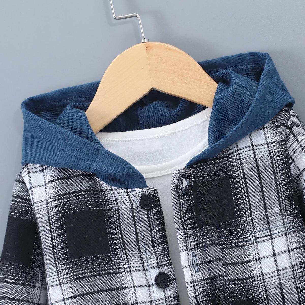2024 Spring Winter Kids Boy 2-Piece Cotton Casual Simple Long Sleeve Checkered  Hooded Sweatshirt - Jess Deals