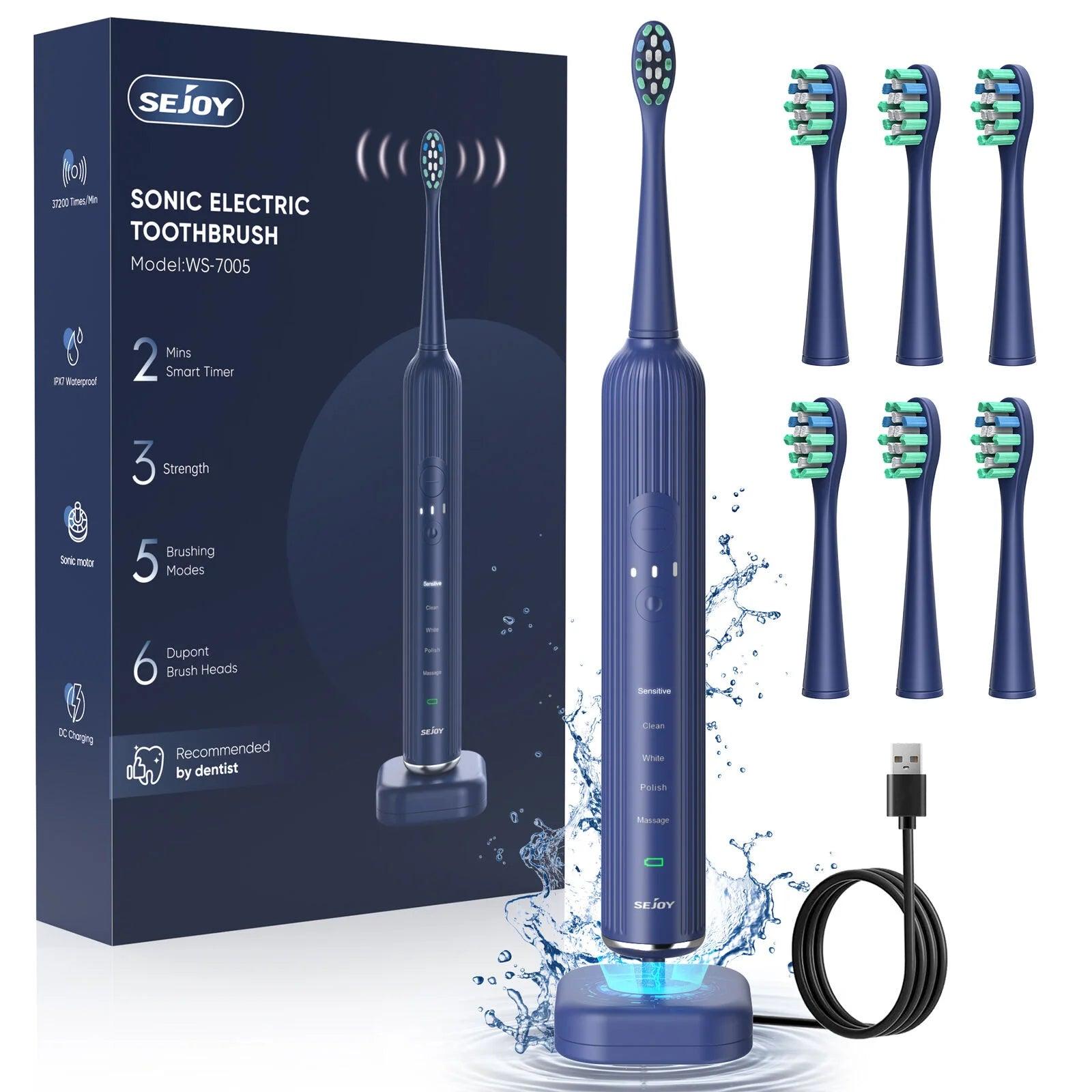 Sejoy Sonic Electric Toothbrush for Adults Rechargeable 5 Cleaning Modes Ultra Sonic Toothbrush with 12 Brush Heads Smart Timer - Jess Deals