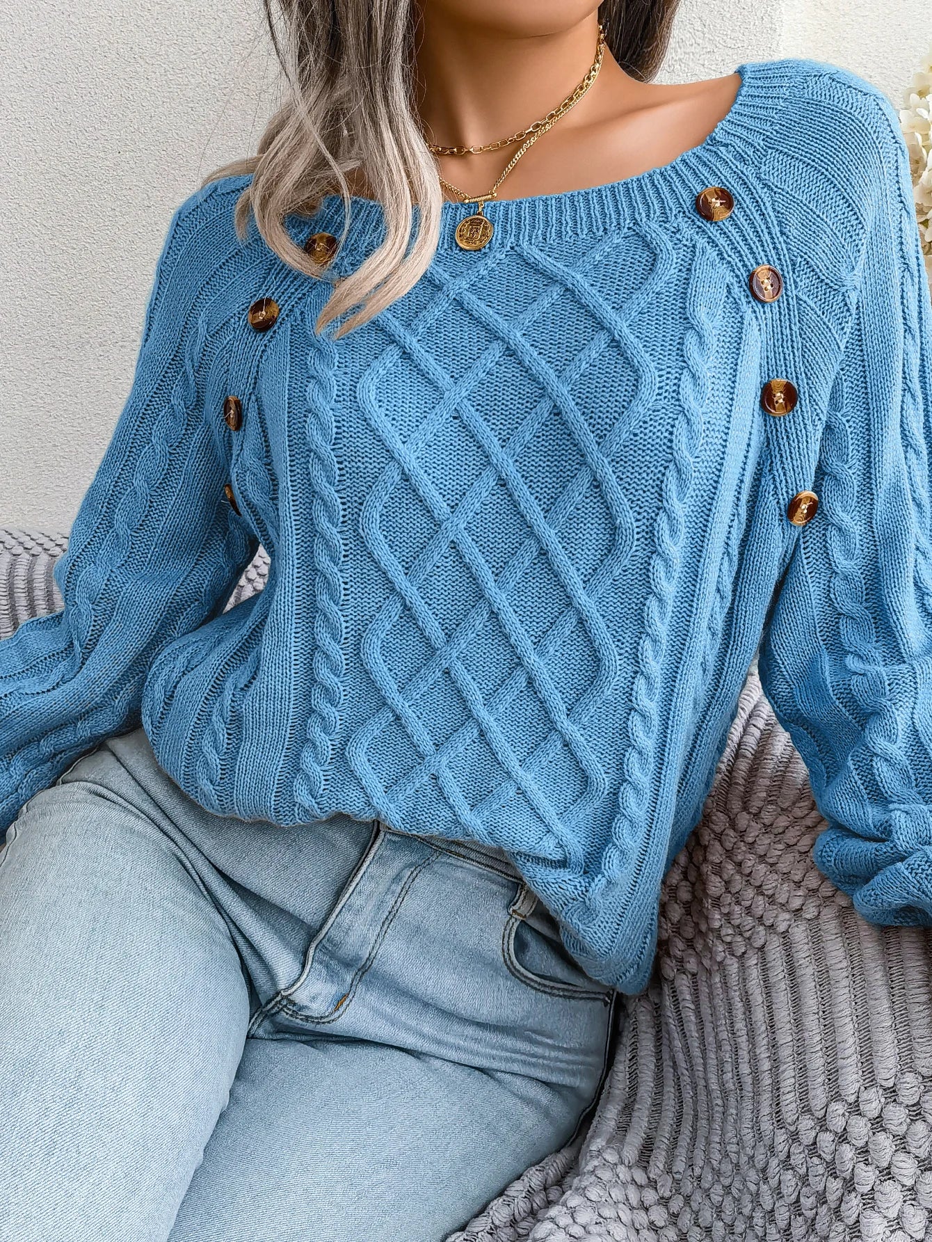 Women Casual Square Collar Buttons Long Sleeve Knitted Pullovers And Sweaters For Autumn Winter 2023