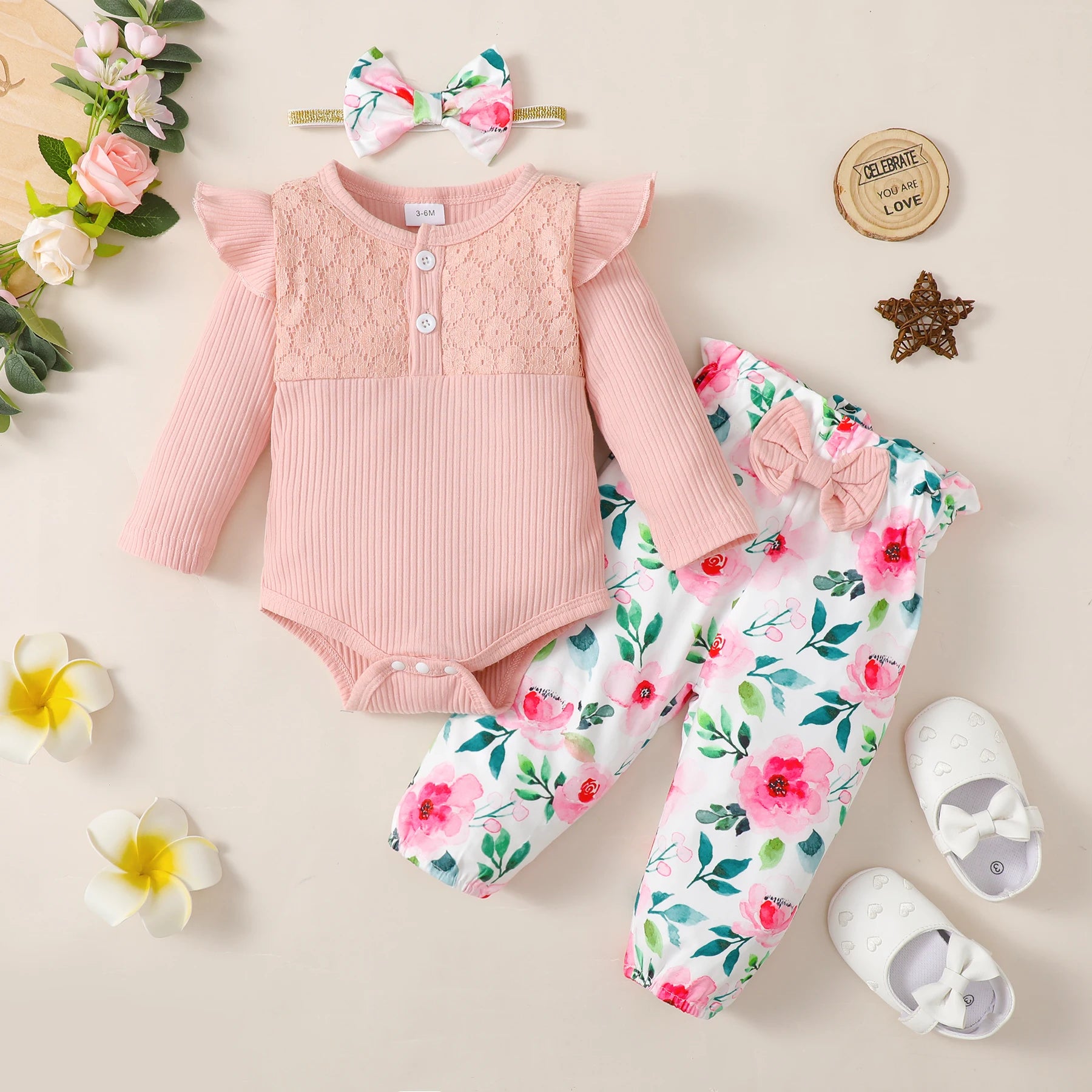 3PCS Baby Girl Clothes Set Long Sleeve Romper Top+Flowers Pant+Headband Spring&Autumn Lovely Outfit for Toddler Girl 0-18 Months - Jess Deals