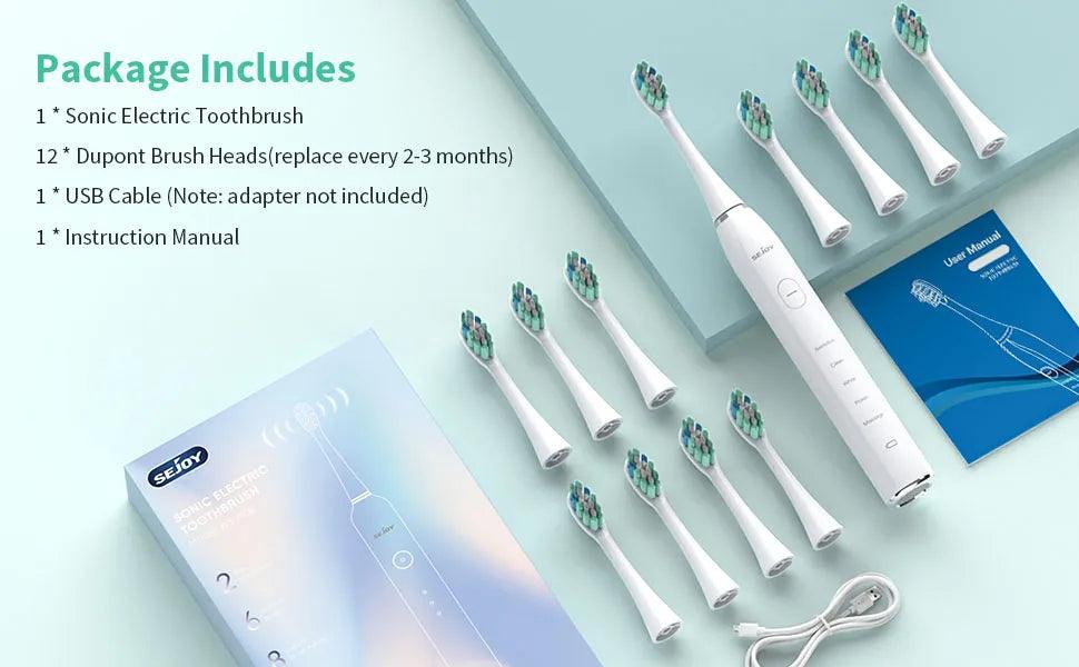 Sejoy Sonic Electric Toothbrush for Adults Rechargeable 5 Cleaning Modes Ultra Sonic Toothbrush with 12 Brush Heads Smart Timer - Jess Deals