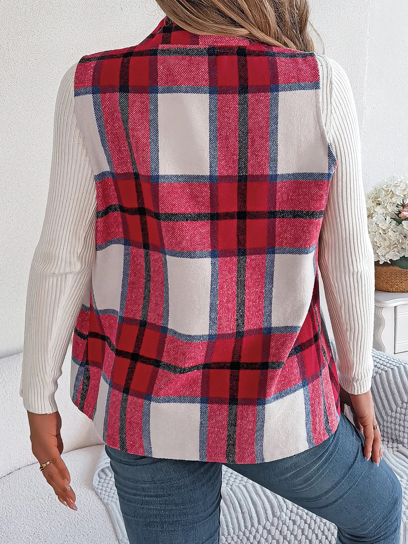 Autumn Winter Casual Plaid Sleeveless Woolen Jacket Vest Women Coats