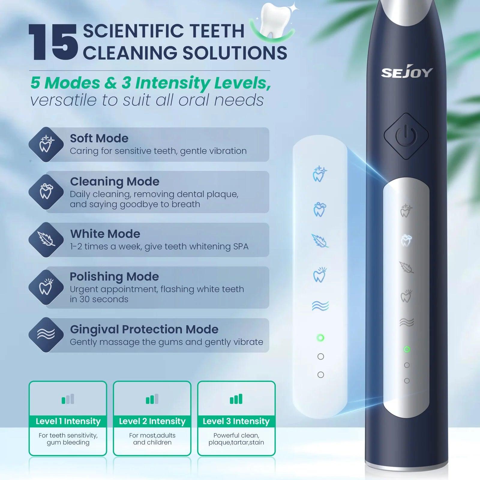 Sejoy Sonic Electric Toothbrush for Adults Rechargeable 5 Cleaning Modes Ultra Sonic Toothbrush with 12 Brush Heads Smart Timer - Jess Deals