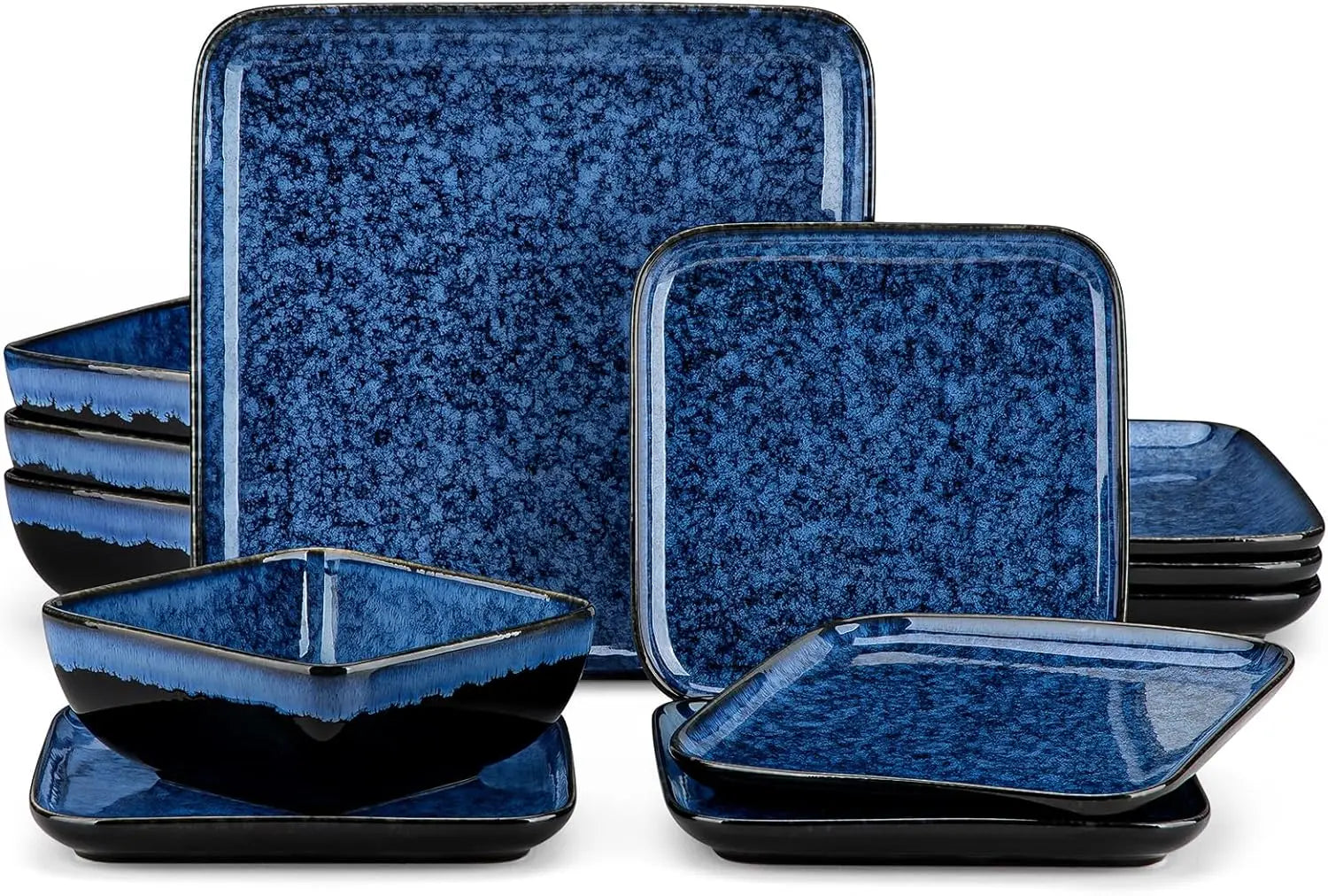Stern Blue Dinner Set Square Reactive Glaze Tableware 12 Pieces Kitchen Dinnerware