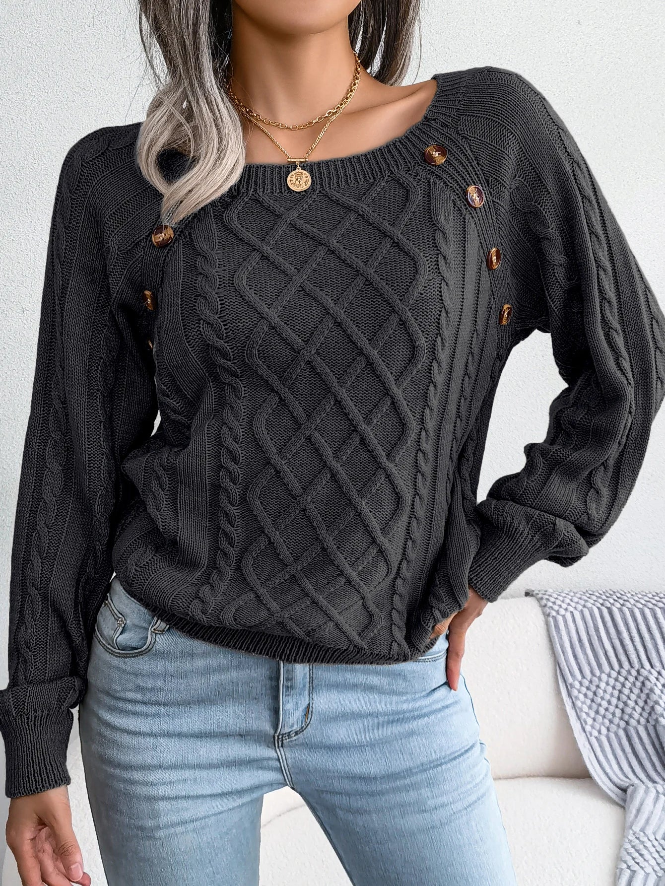 Women Casual Square Collar Buttons Long Sleeve Knitted Pullovers And Sweaters For Autumn Winter 2023
