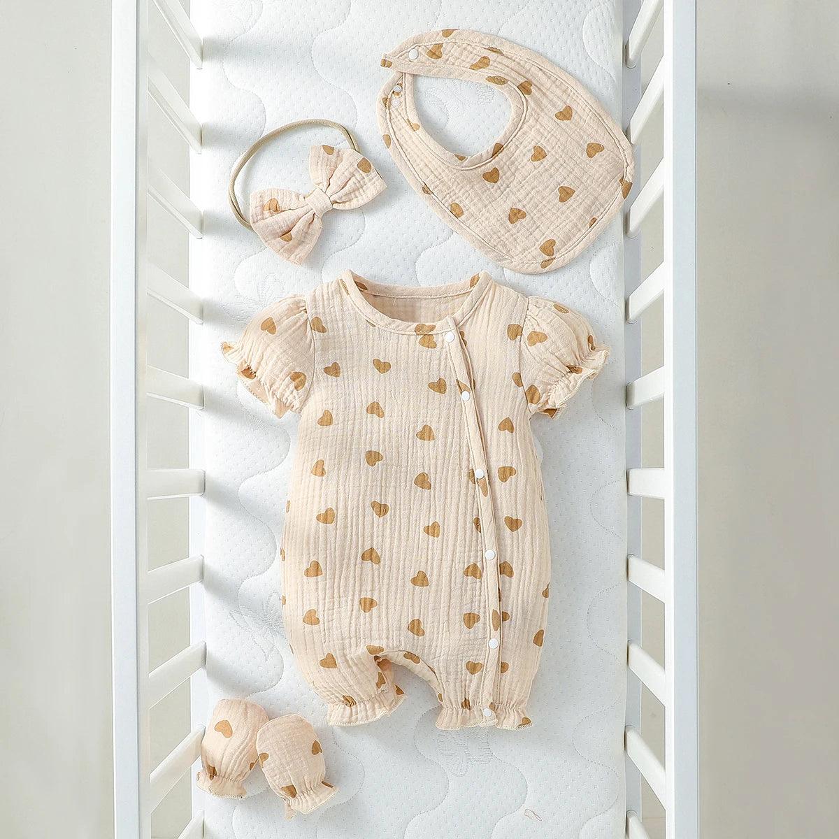 Baby Girls 4pcs Summer O-Round  Cotton Soft Printing Heart Streetwear Cute Bodysuit