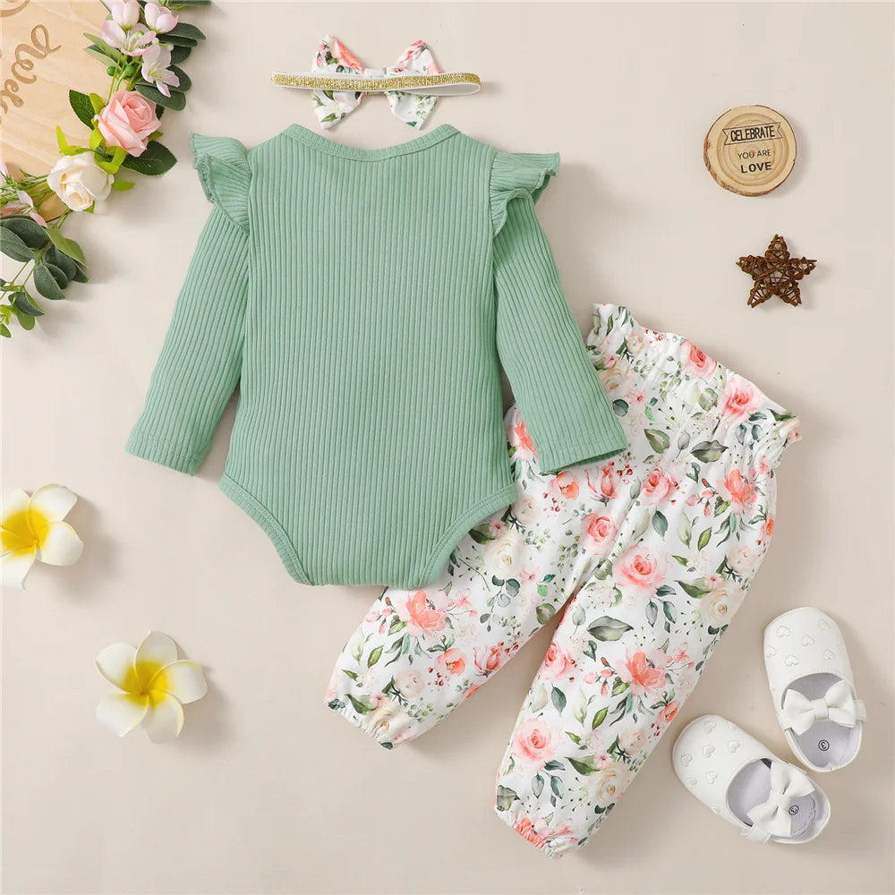 3PCS Baby Girl Clothes Set Long Sleeve Romper Top+Flowers Pant+Headband Spring&Autumn Lovely Outfit for Toddler Girl 0-18 Months - Jess Deals